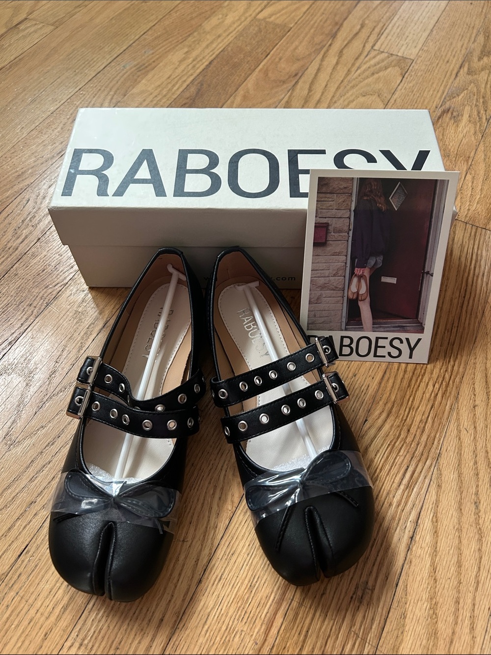 Black Bow Tie Tabi Flats with Studded Double Straps
